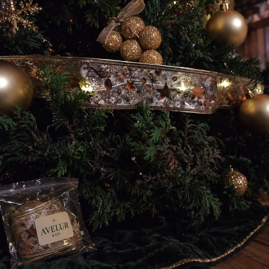Warm white ribbon lights on a Christmas tree